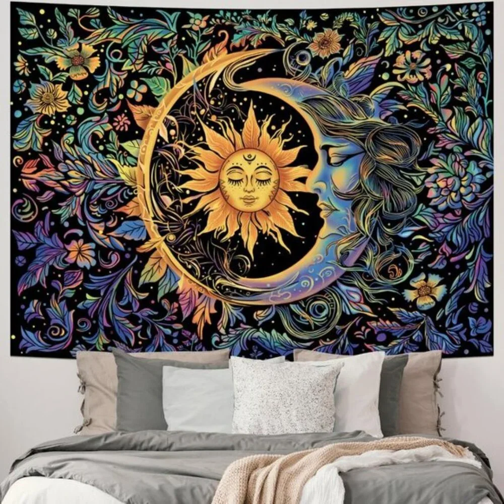New Wall Hanging Boho Floral Sun and Moon Psychedelic Tapestry for Home Decor